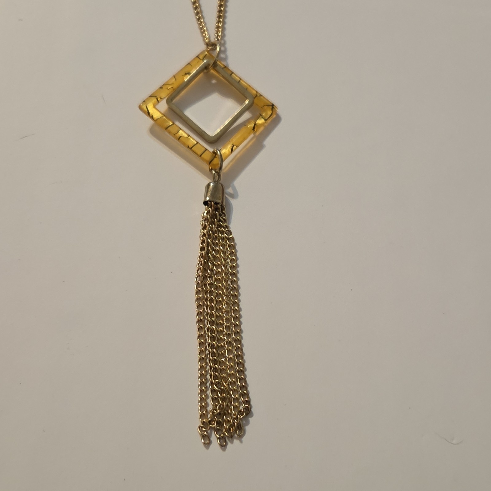 Gold Tone Metal Chain Necklace w/ Square Tassel Pendant, No Stone