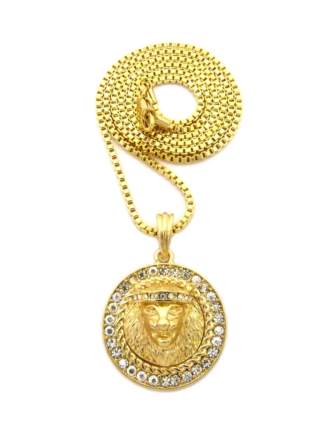 Women’s Rhinestone 3D King Crown Lion Pendant 18″,20″ Box Chain Necklace XQP15