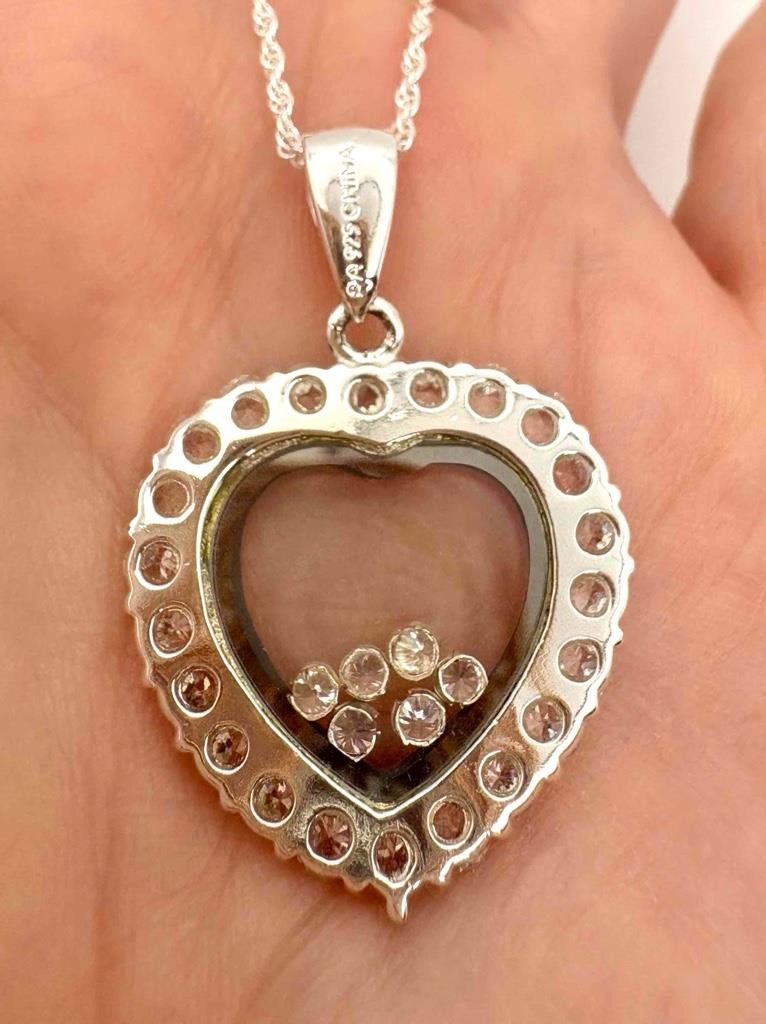 SA Silverage Designer 925 Sterling Silver CZ Floating Heart Pendant Necklace