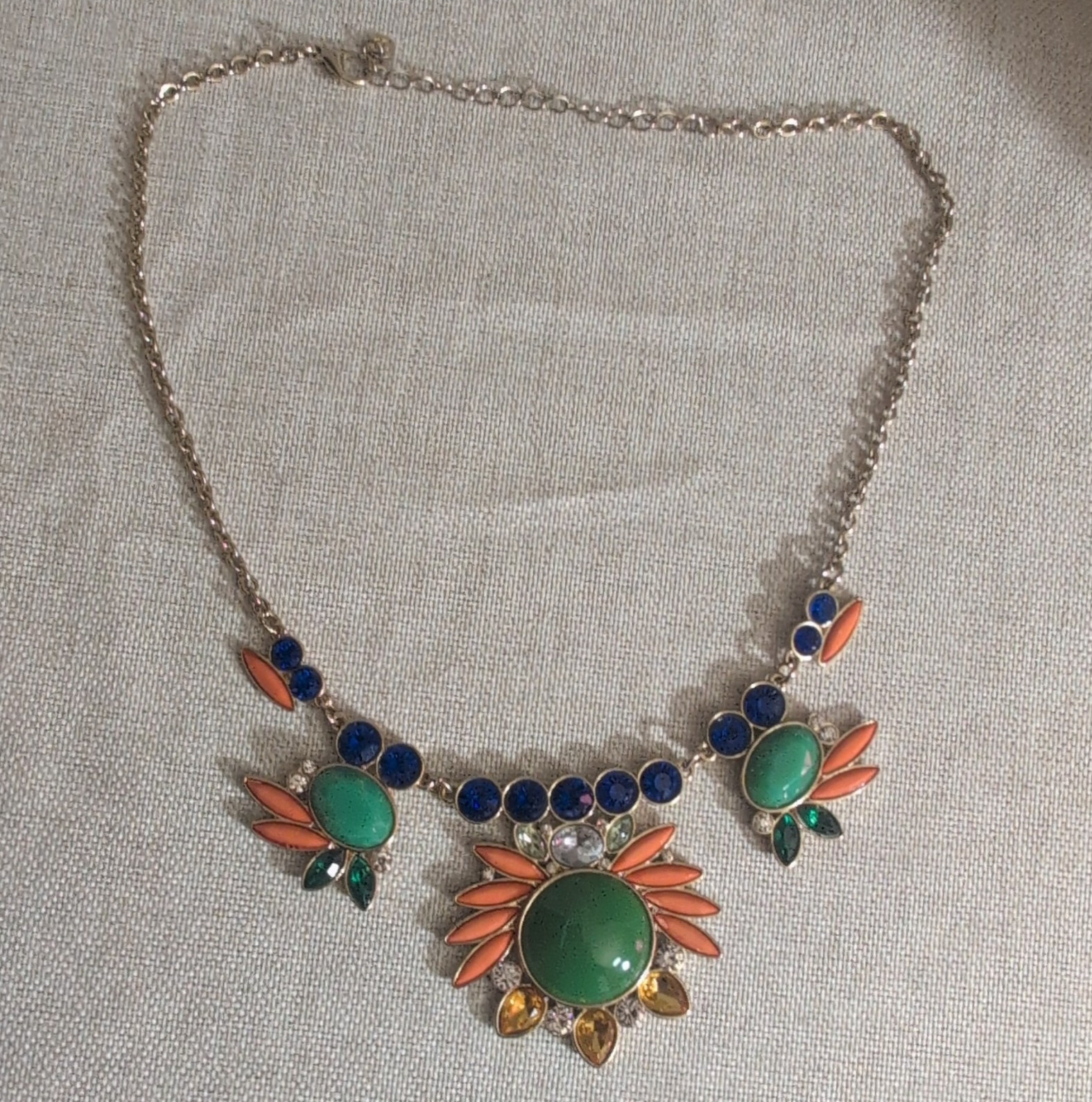 Multicolor Statement Bib Necklace Green Oval Bezel Floral Rhinestone Adjustable