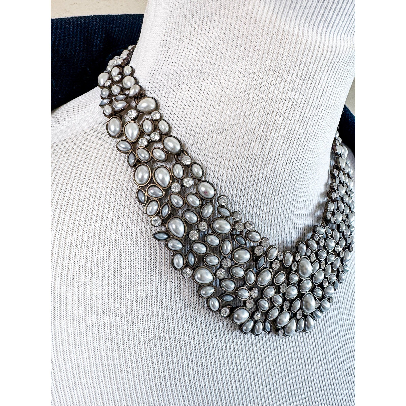 BaubleBar Pearl Rhinestone Statement Bib Necklace Silver Tone Bridal Prom