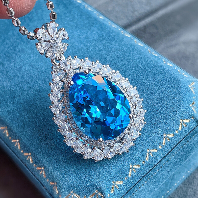 New Water Drop Blue Topaz Gemstone Charm Women Jewelry Silver Necklace Pendants