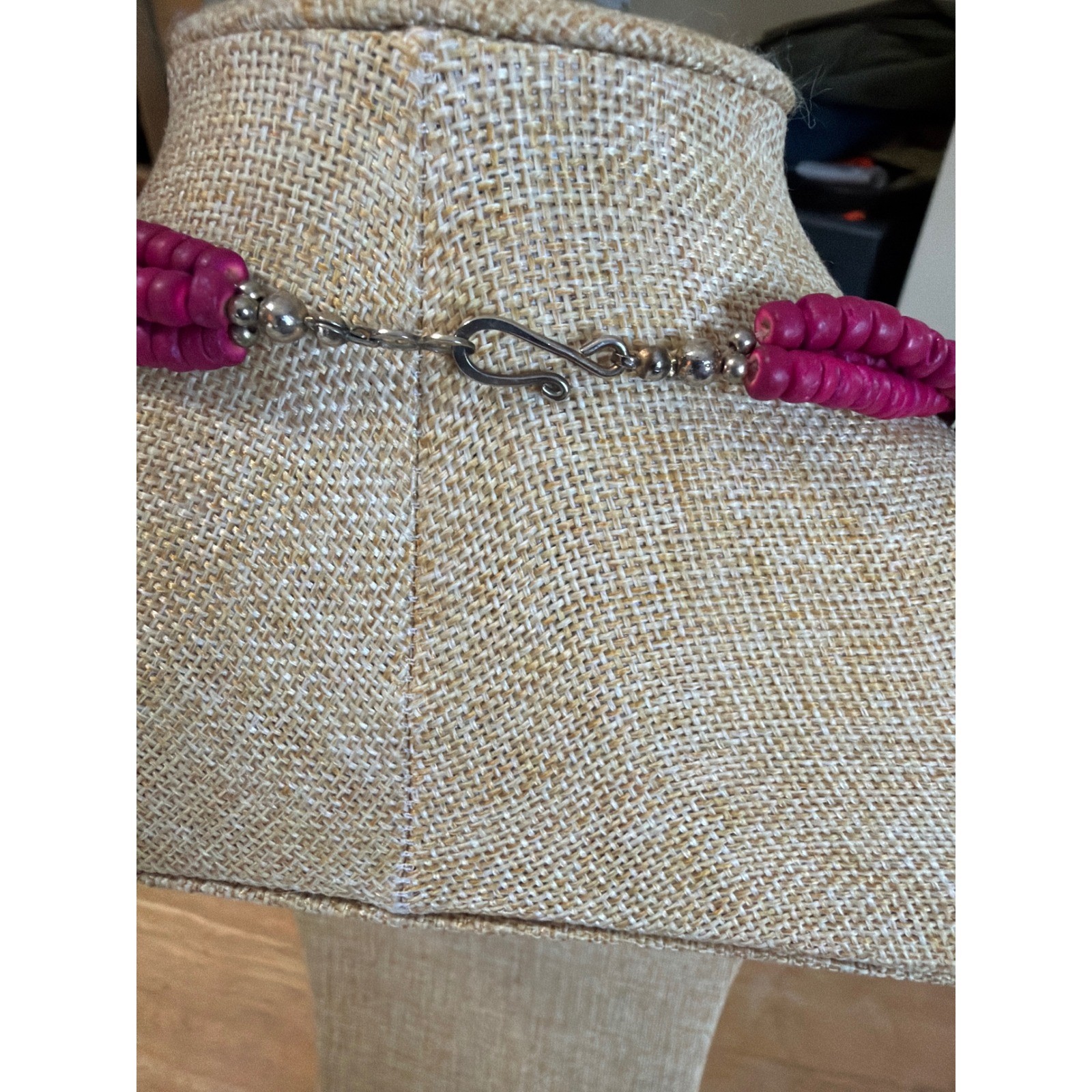 Pink Multi Strand Beaded Statement Necklace Square Leather Pendant Boho Artsy