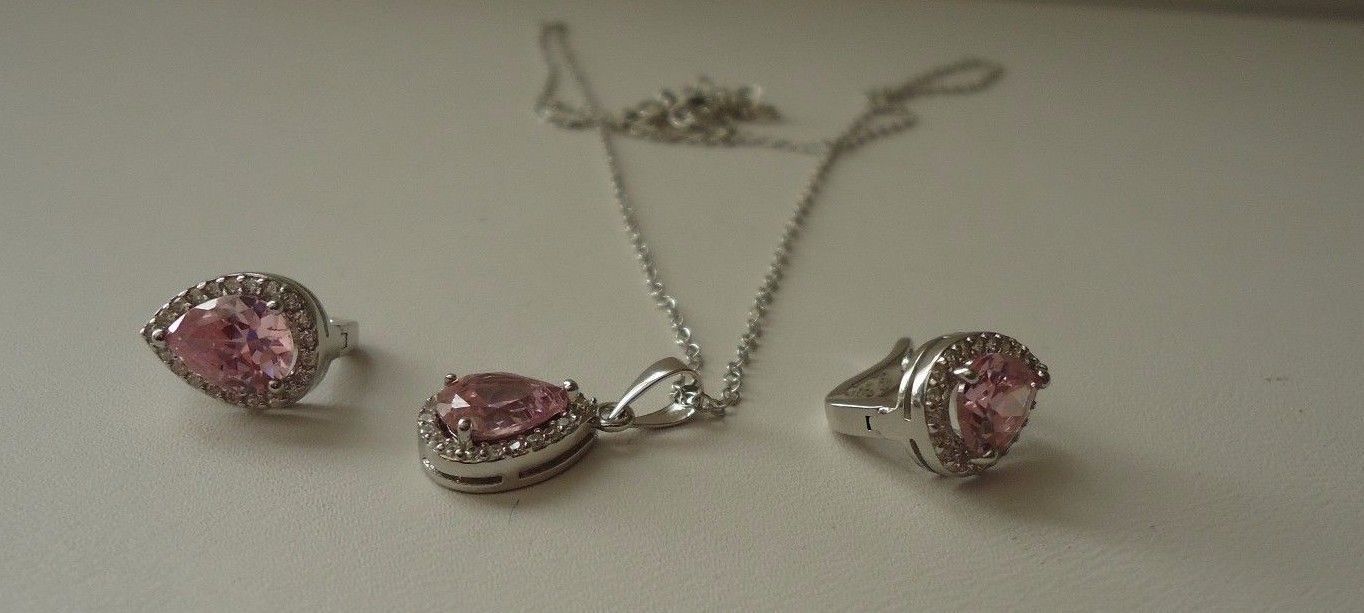 7.20 CT PINK / WHITE LAB SIMULANT DIAMOND PENDANT & EARRING SET STERLING SILVER