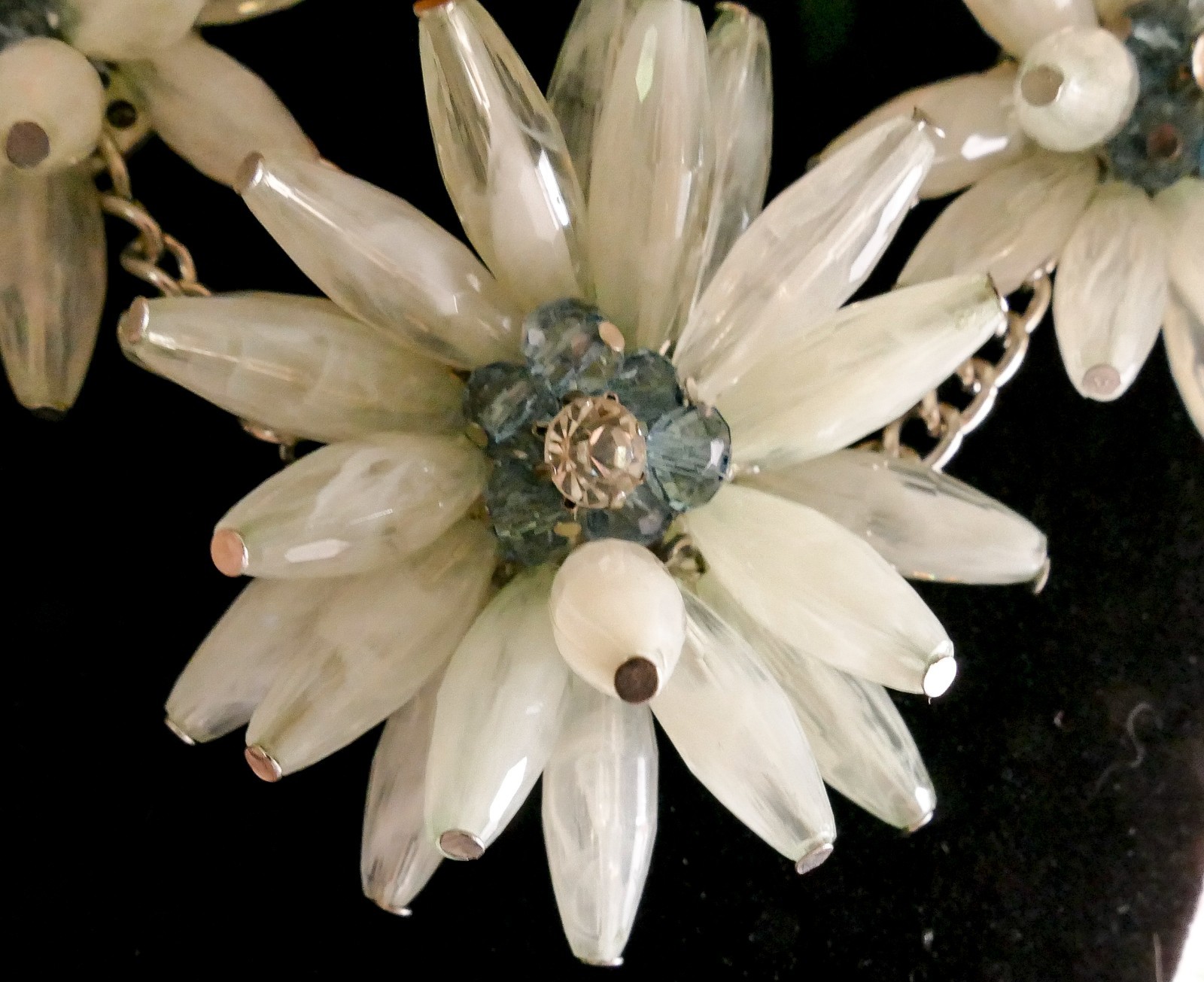Large White Opalescent Floral Statement Bib Necklace Blue Rhinestone Flower