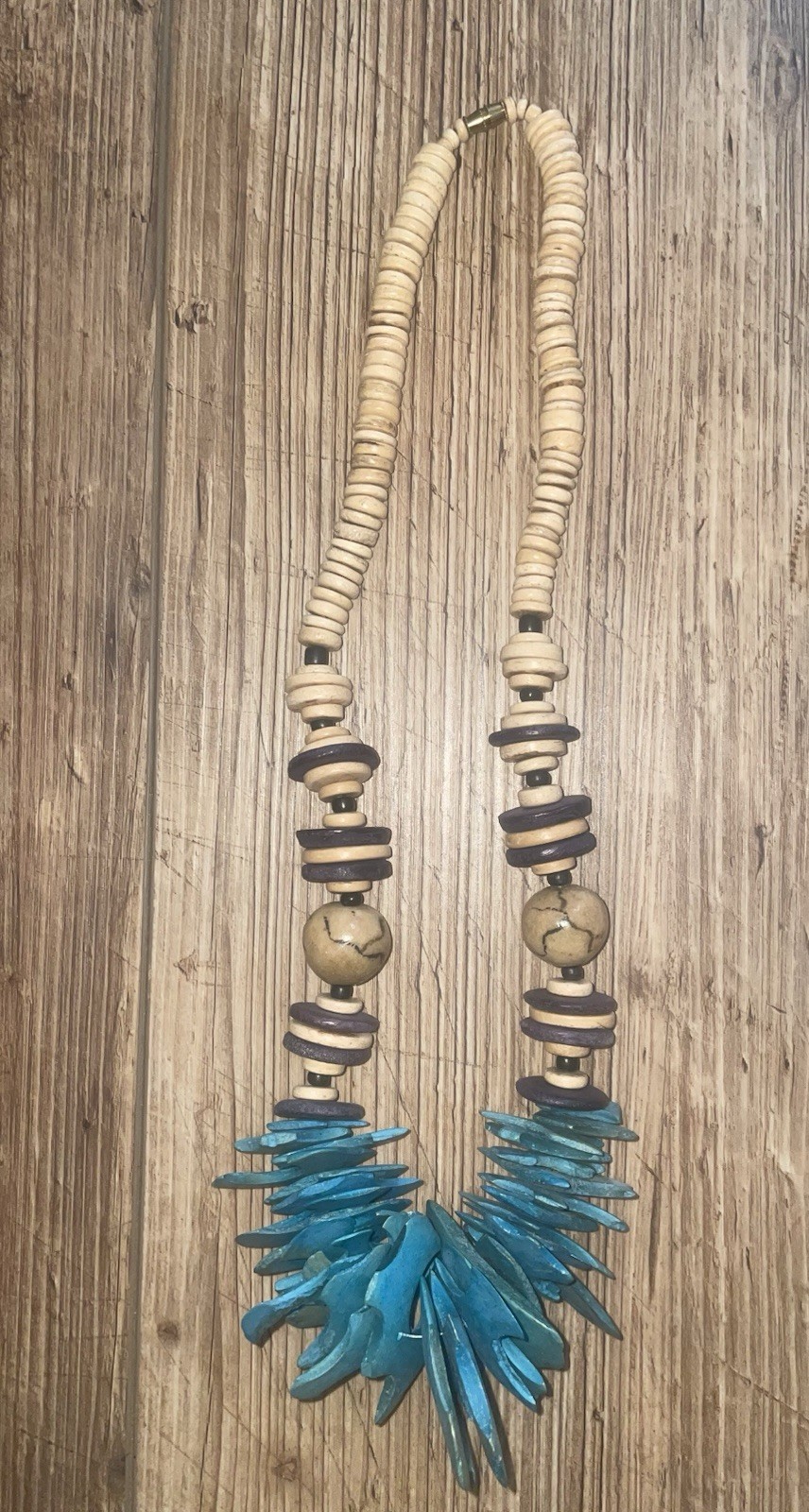 Brown And Dark Green Wood Disk Necklace