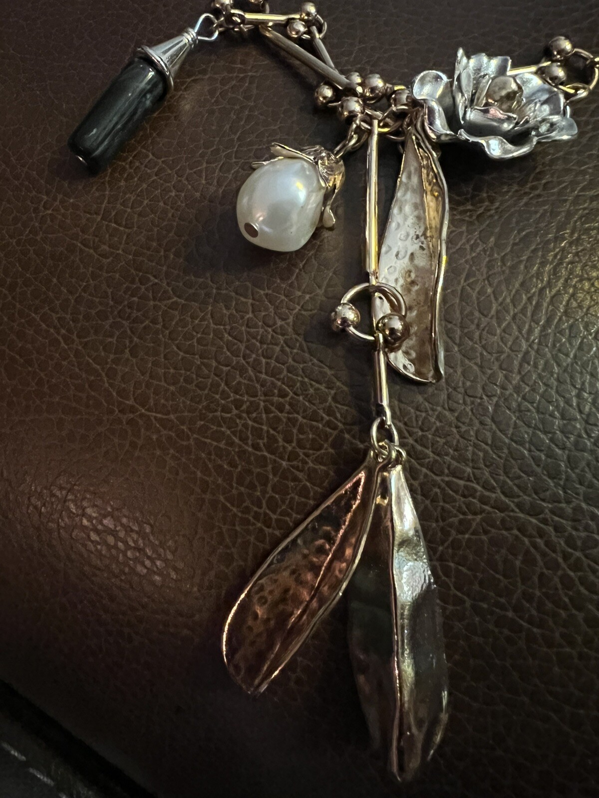 Zara Flower Pearl Necklace Leaf Silver Gold Charm Boho Poppy VTG Berry Boho
