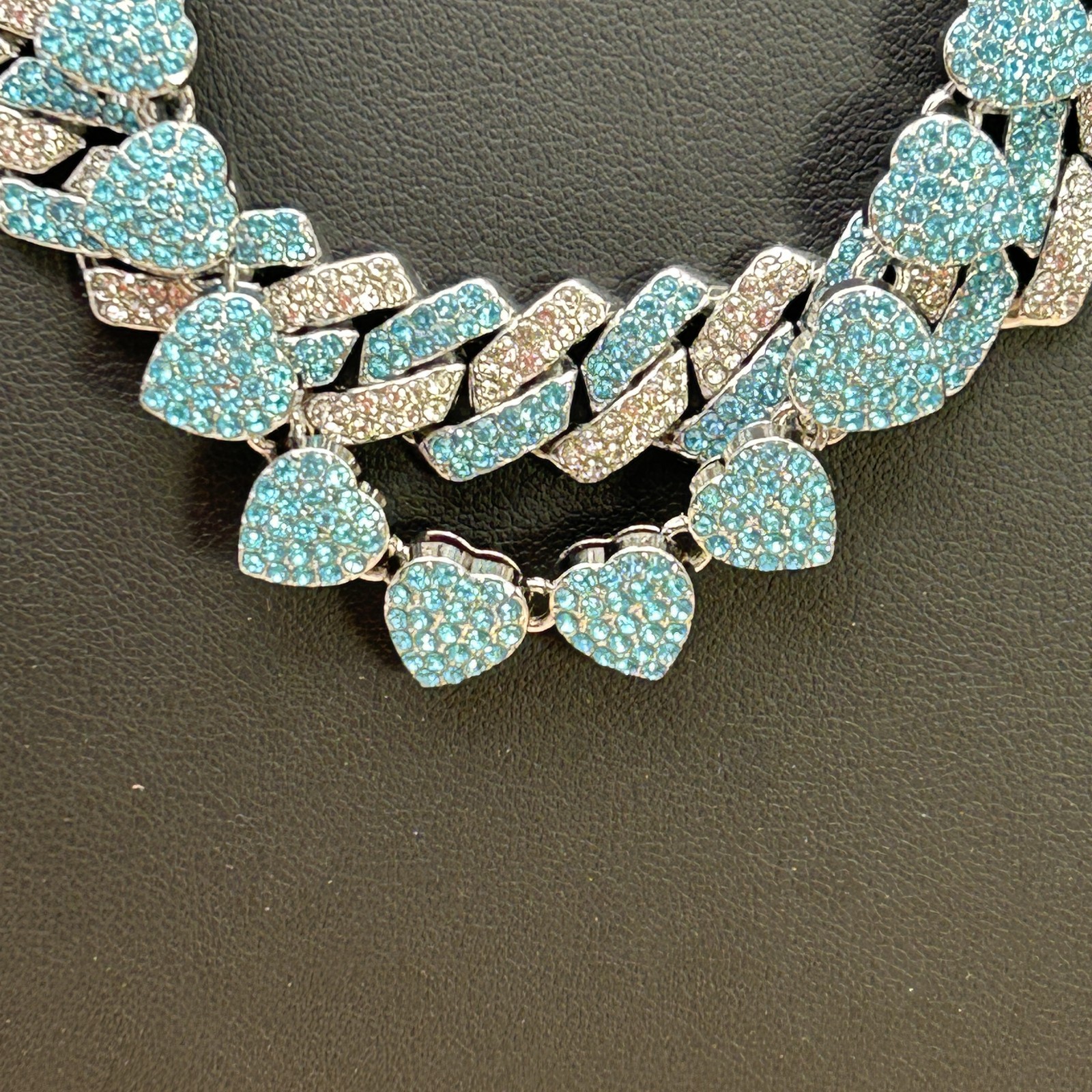 Blue Rhinestone Cuban Link & Heart Chain Necklace Set Statement Jewelry