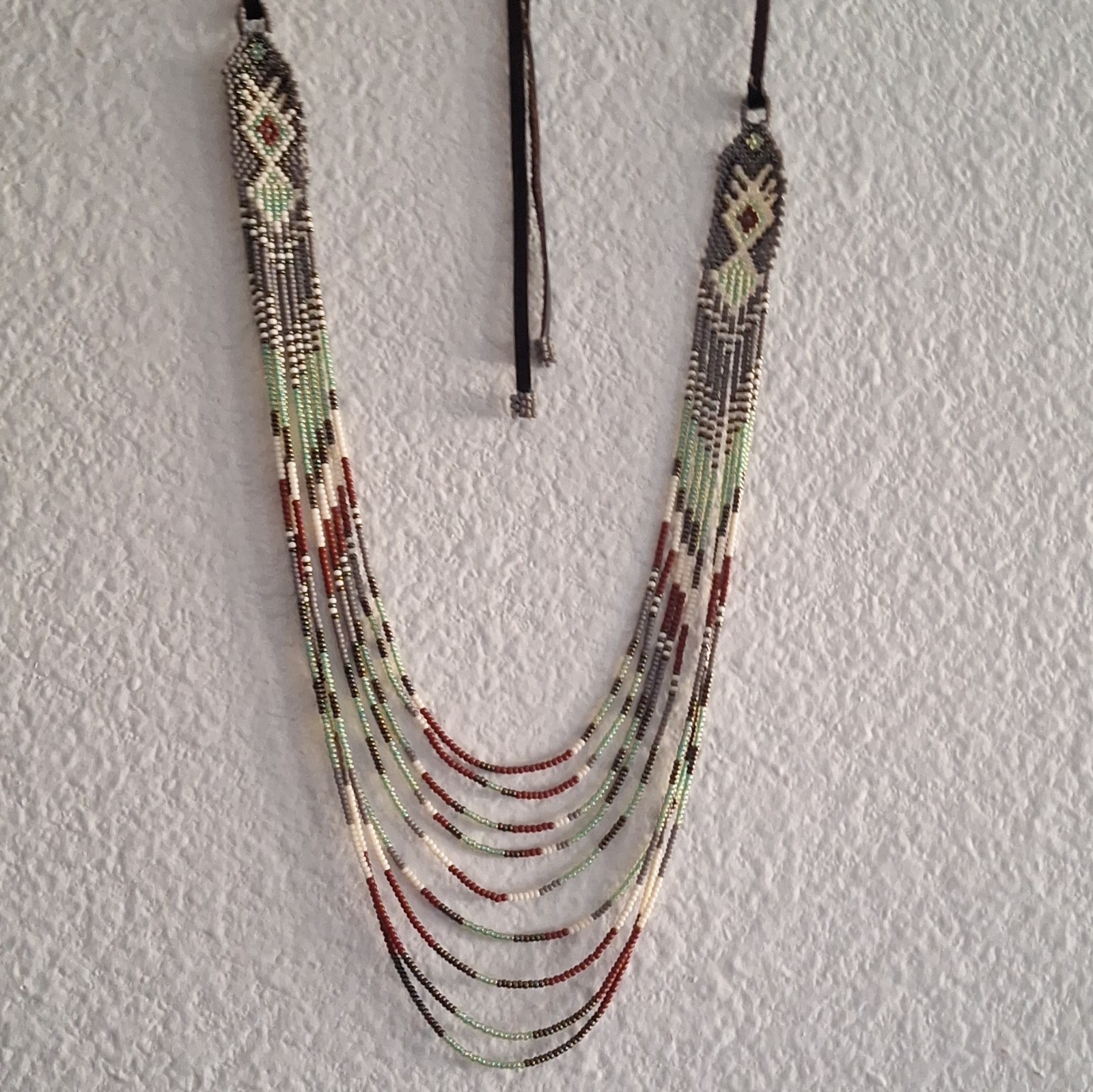 Handmade Southwest Bead Necklace With Adjustable Leather Straps – Never Worn