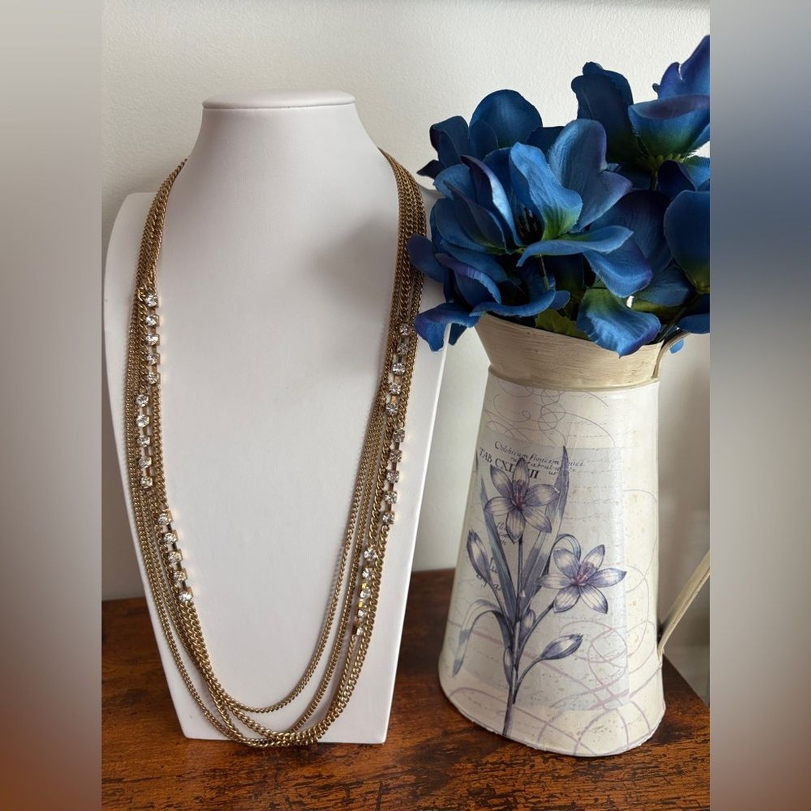 Layered Chain & Rhinestones Gold Tone Necklace