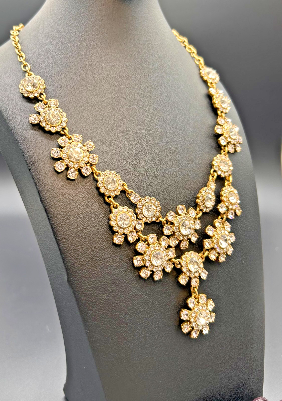 J Crew Crystal Flower Statement Necklace Gold Tone Rhinestone Floral Bib Signed