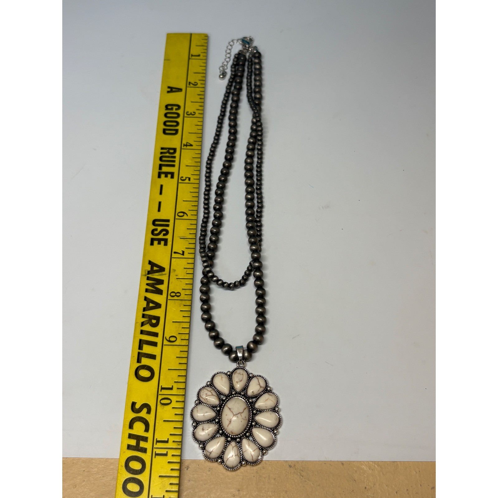 Western Faux White Turquoise Sunflower Layered Beaded Necklace Silver Tone