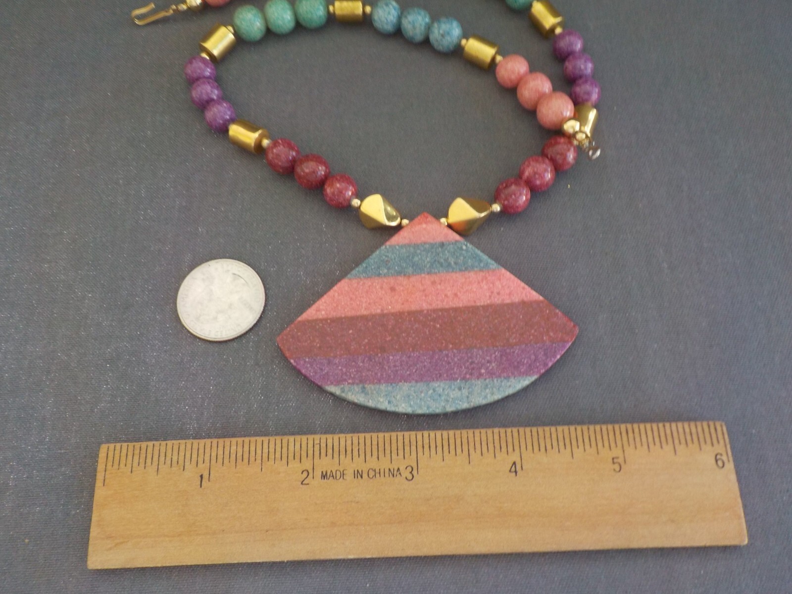 Triangle Necklace & Pierced Earrings Plastic Metal Green Purple Dark Red Blue