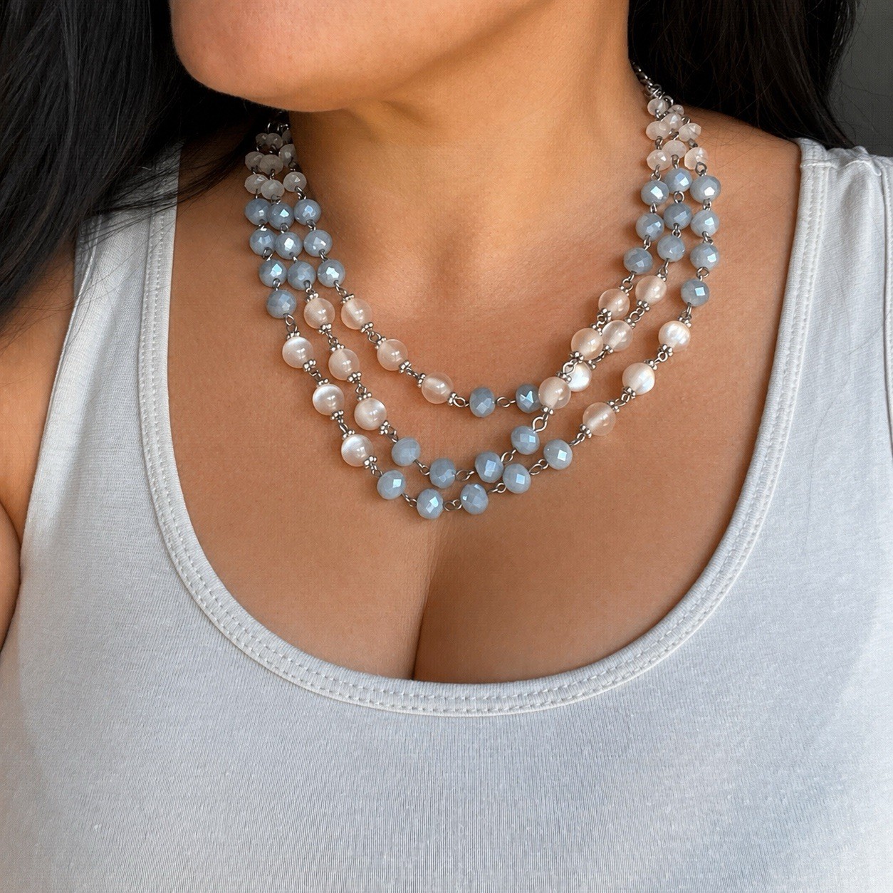 Vintage Style Multi Strand Gray Blush Pink Beaded Statement Necklace Adjustable