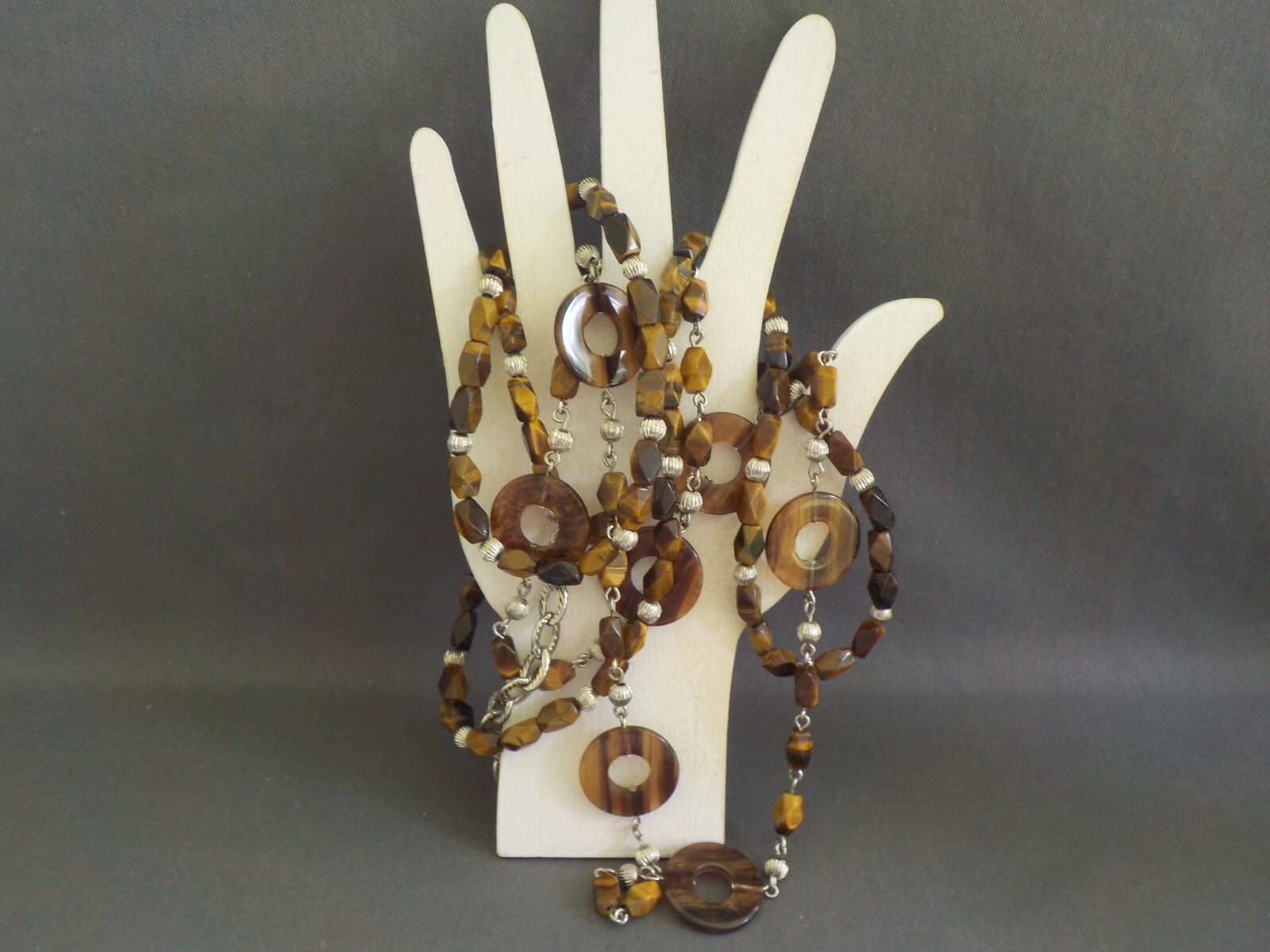 Tiger’s Eye & Plastic Round Double Strand Bead Necklace Long Brown Faceted
