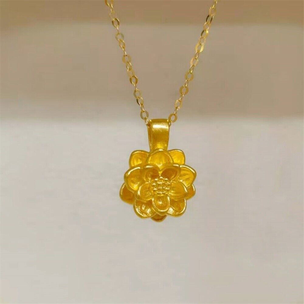 Real 24K Yellow Gold 3D Lotus Flower Pendant 18K Yellow Gold O Chain Necklace