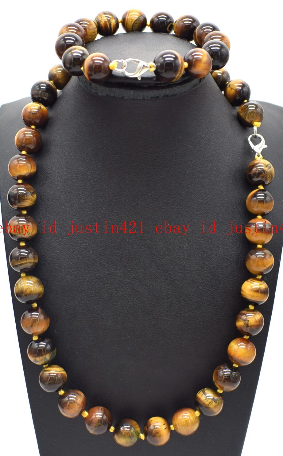 Natural 12mm Yellow Tiger’s Eye Round Gemstone Beads Necklace Bracelet Set AAA