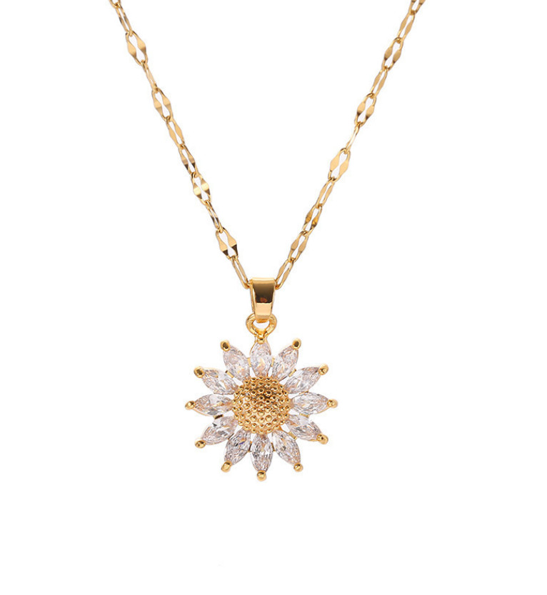 14K Gold Stainless Steel Sunflower CZ Pendant Necklace 16-18″ Chain Women AG
