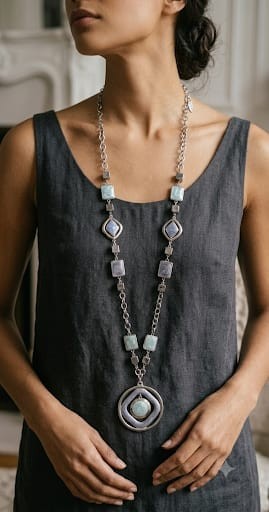 Vintage Long Geometric Statement Necklace Blue Gray Beaded Boho Pendant