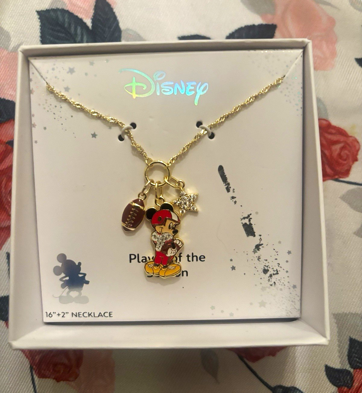 Disney Mickey Mouse Star Charm Pendant Necklace Crystal Enamel 16″ + 2″