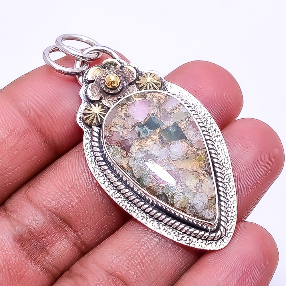 Copper Tourmaline -Brazil Oxidised Two Tone 925 Sterling Silver Pendant 1.95″ P6