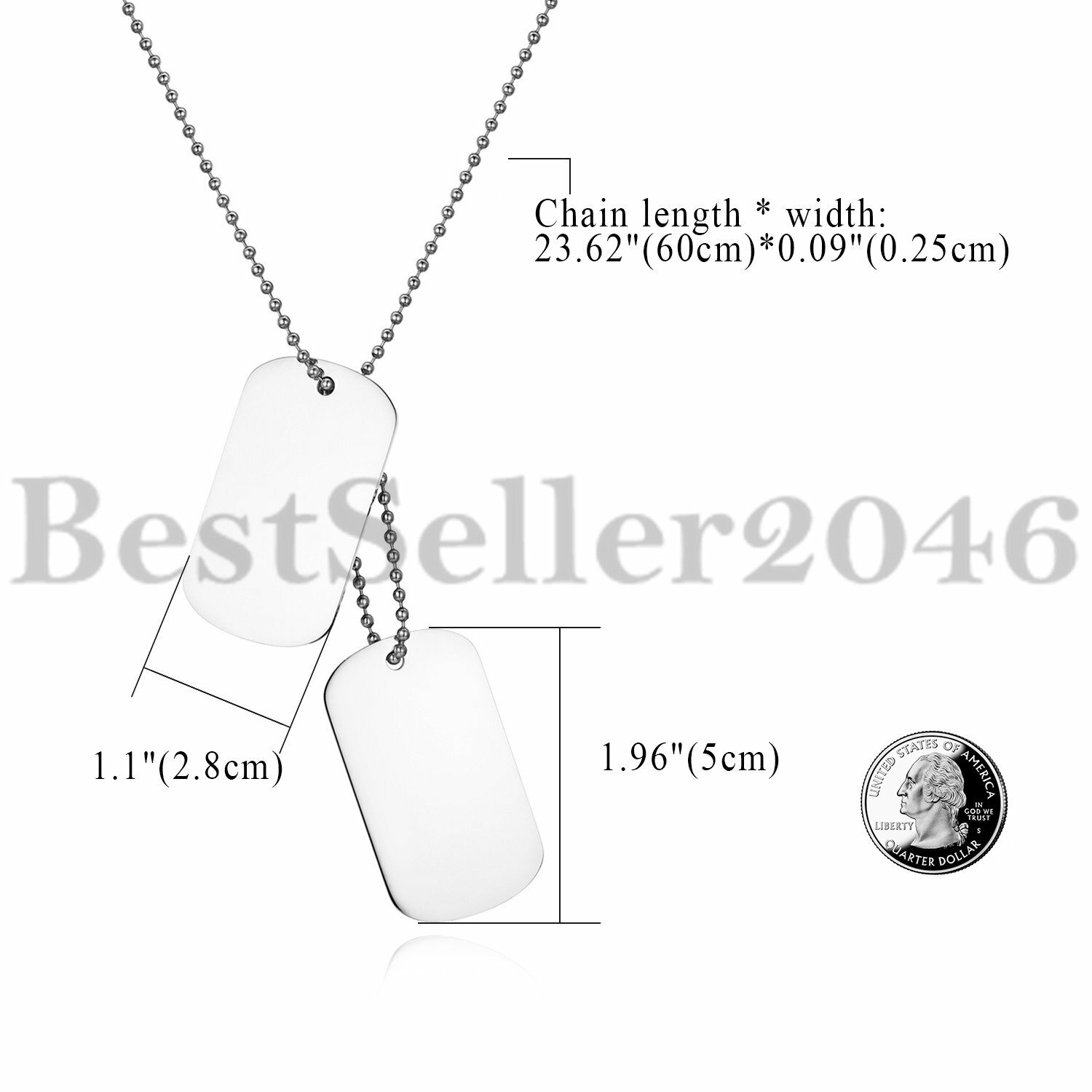 Polished Military Army 2 Dog Tags Pendant Mens Boys Necklace Chain 23.6 inches