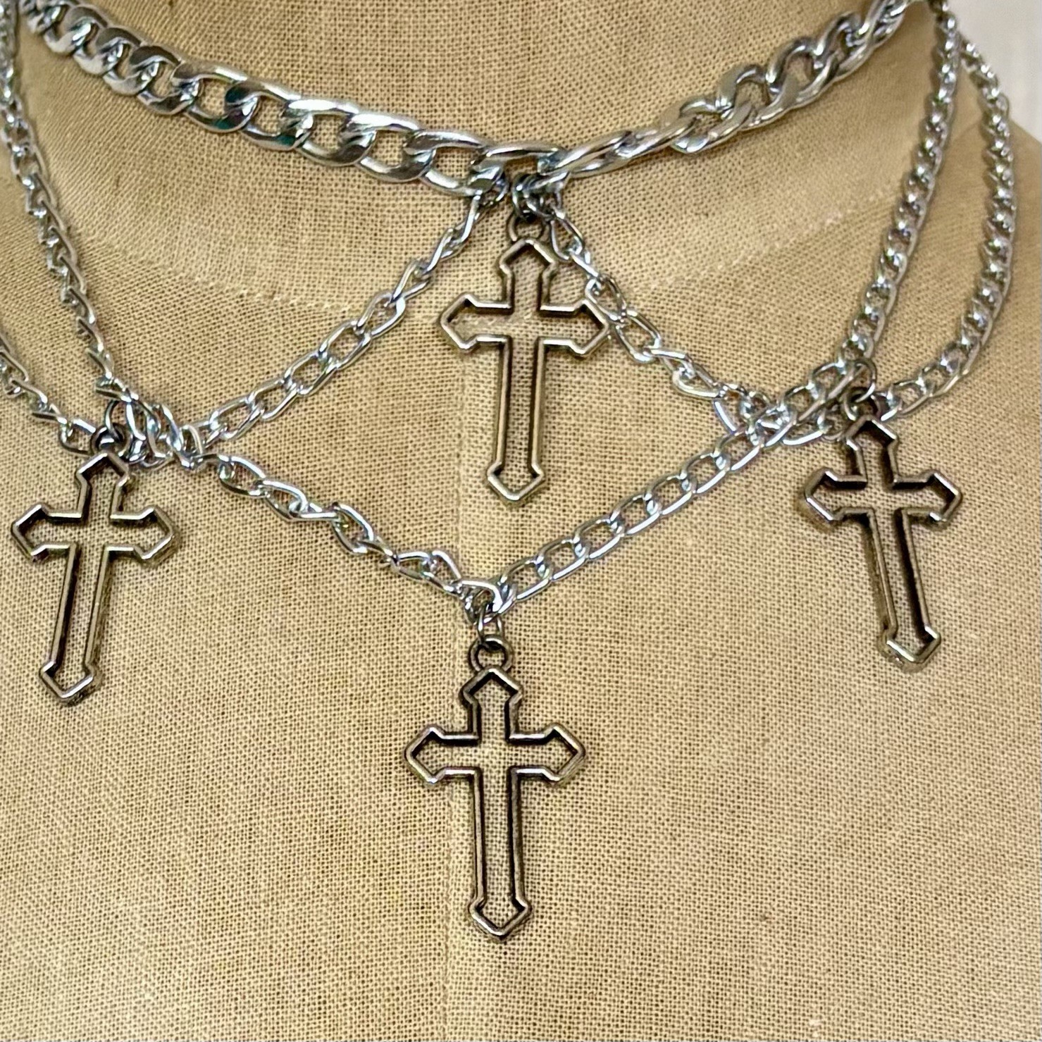4 Gothic Cross Pendants Choker Silver Tone Necklace Layered Curb/Cuban Chains