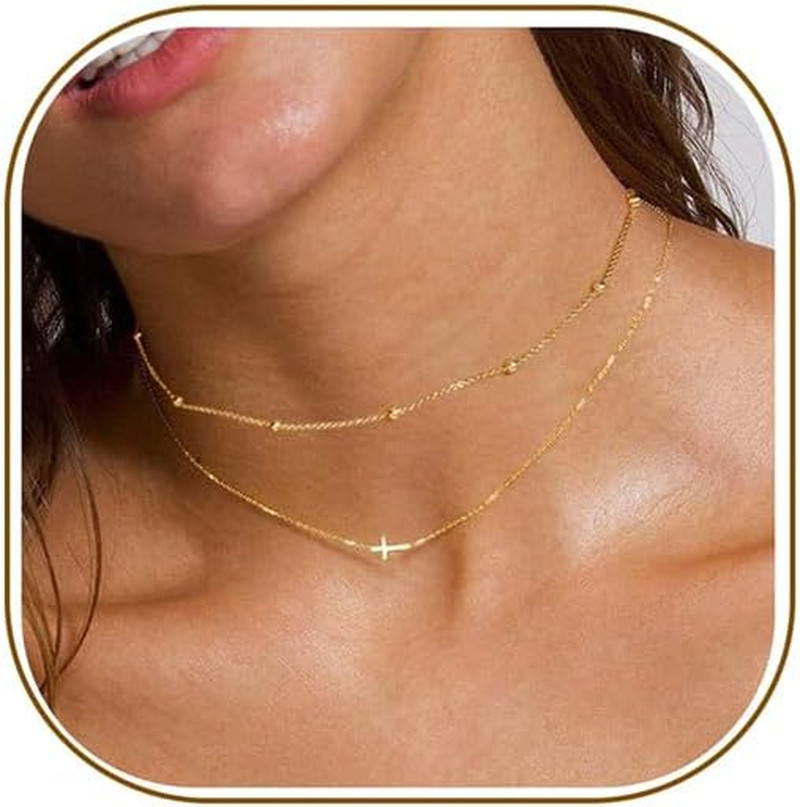 14K Gold Layered Cross Necklaces for Women,Tiny Small Sideways Cross Necklace Mi