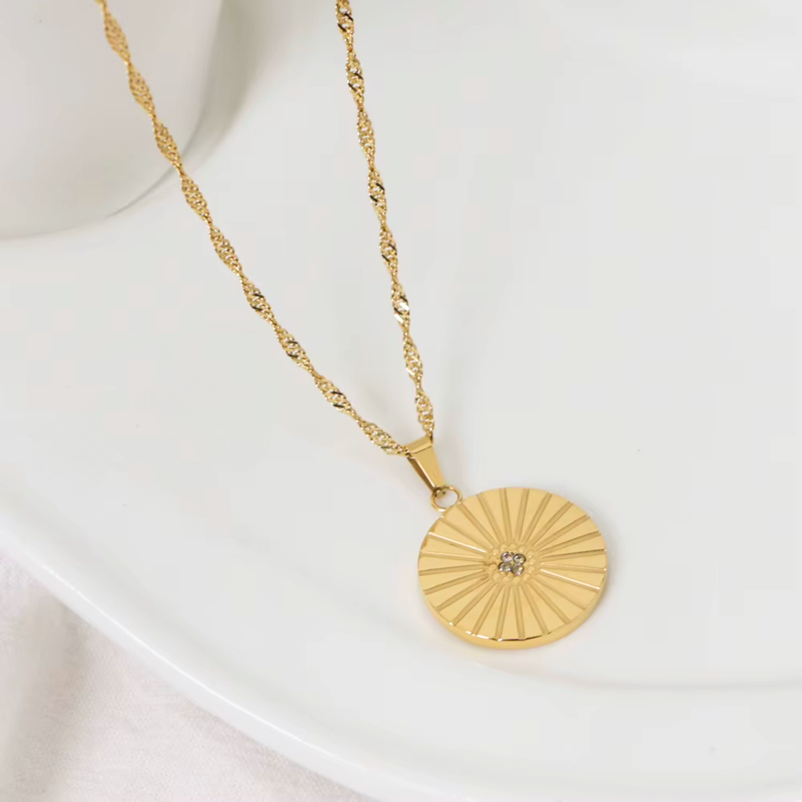 Sunbeam Coin Pendant Necklace | Waterproof Rope Chain | 18K Yellow Gold