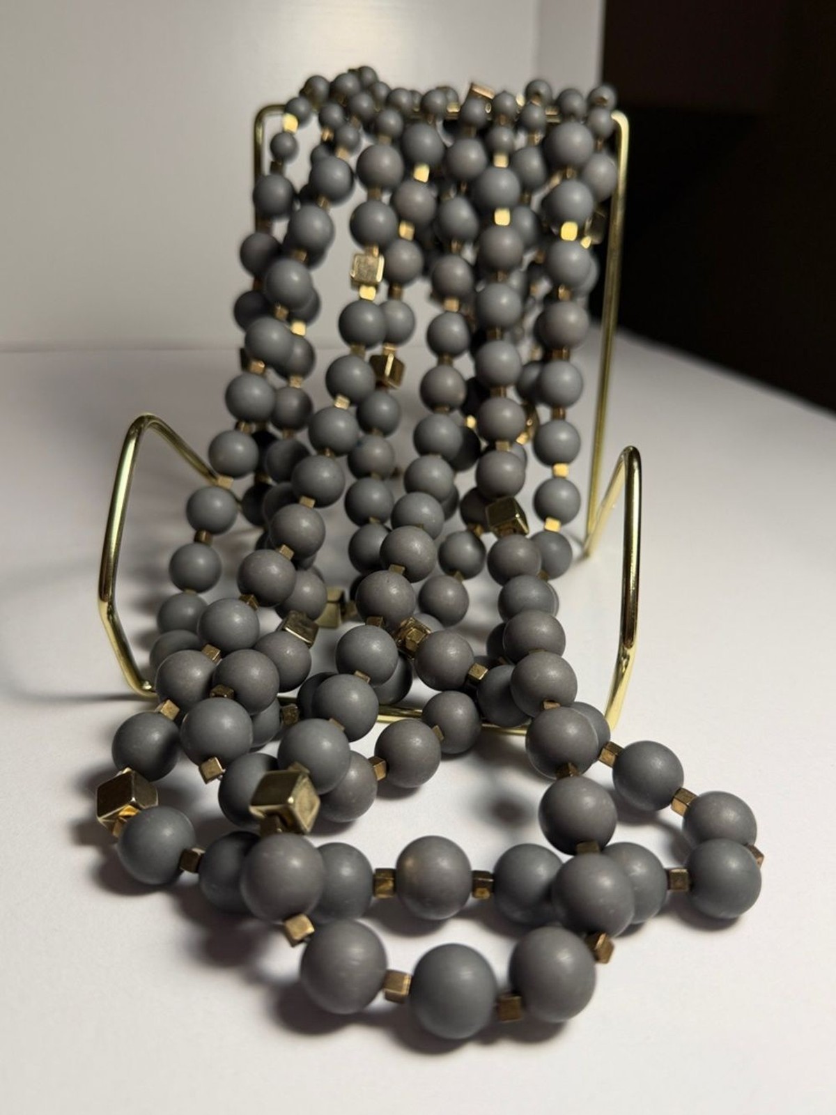 Boho Chunky Layered Gray Bead Statement Necklace W/ Gold Accents