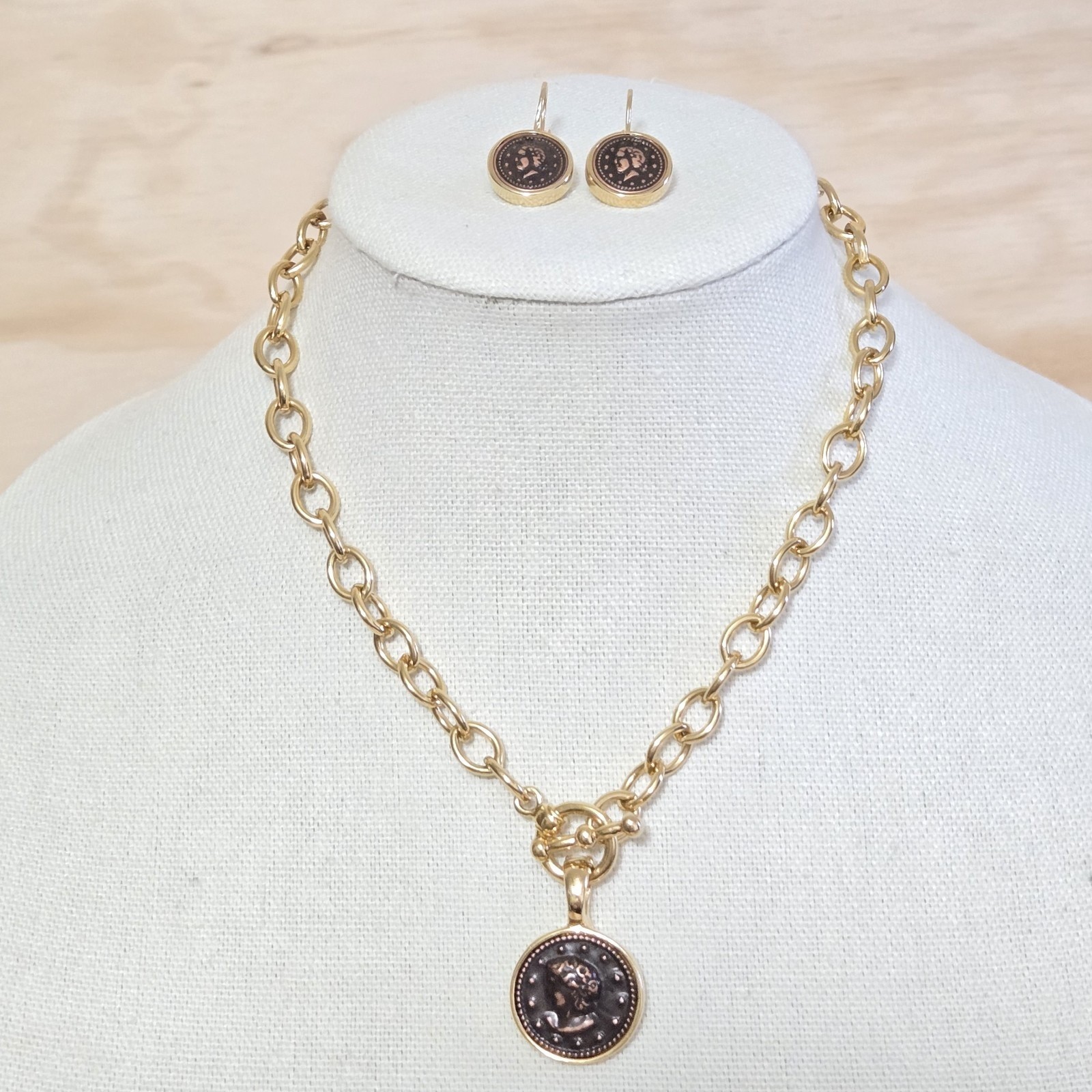Gold Plated Toggle Necklace 17″ & Bronze Coin Enhancer Pendant & Coin Earrings