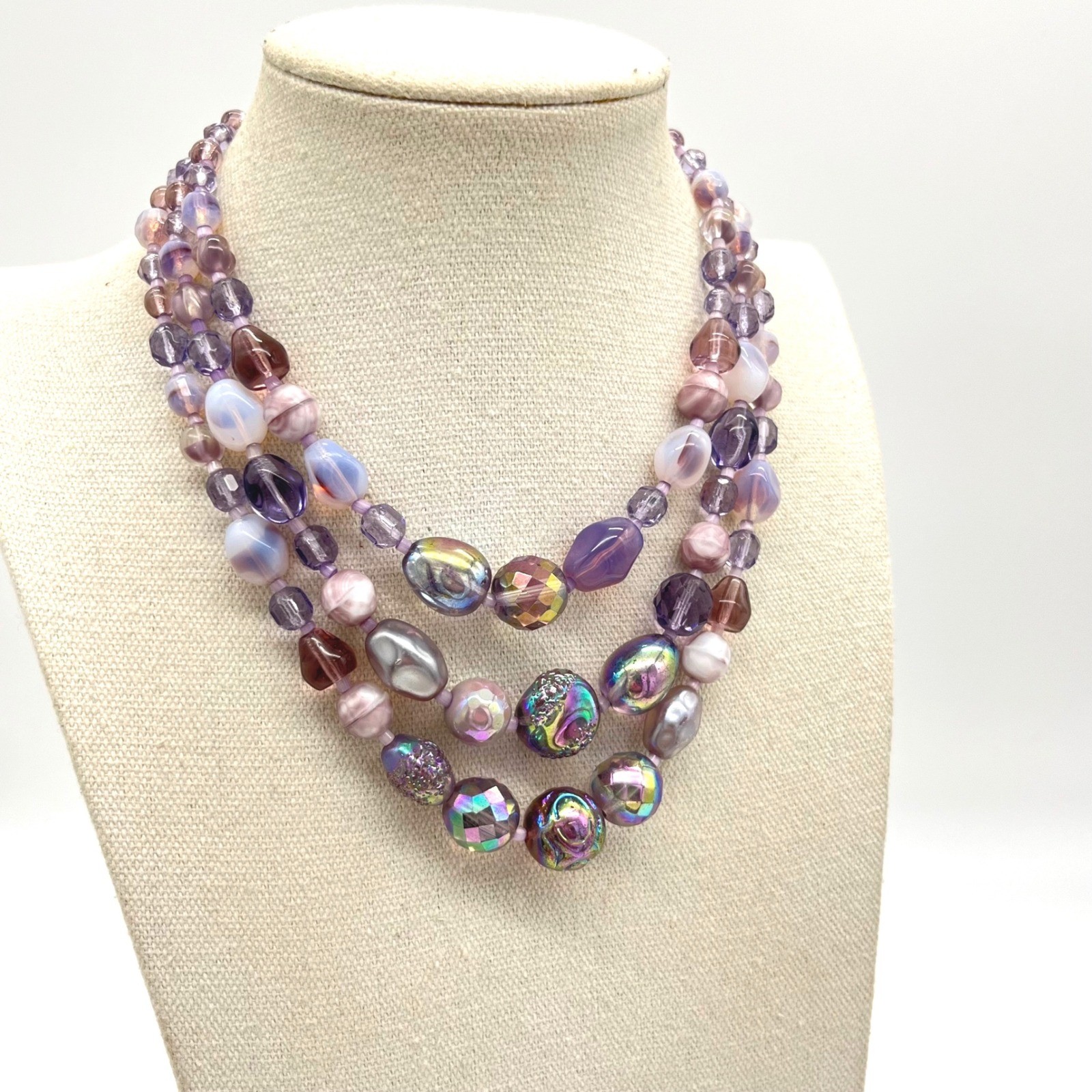 Vintage Germany Purple Iridescent Art Glass Triple Strand Beaded Necklace 16in