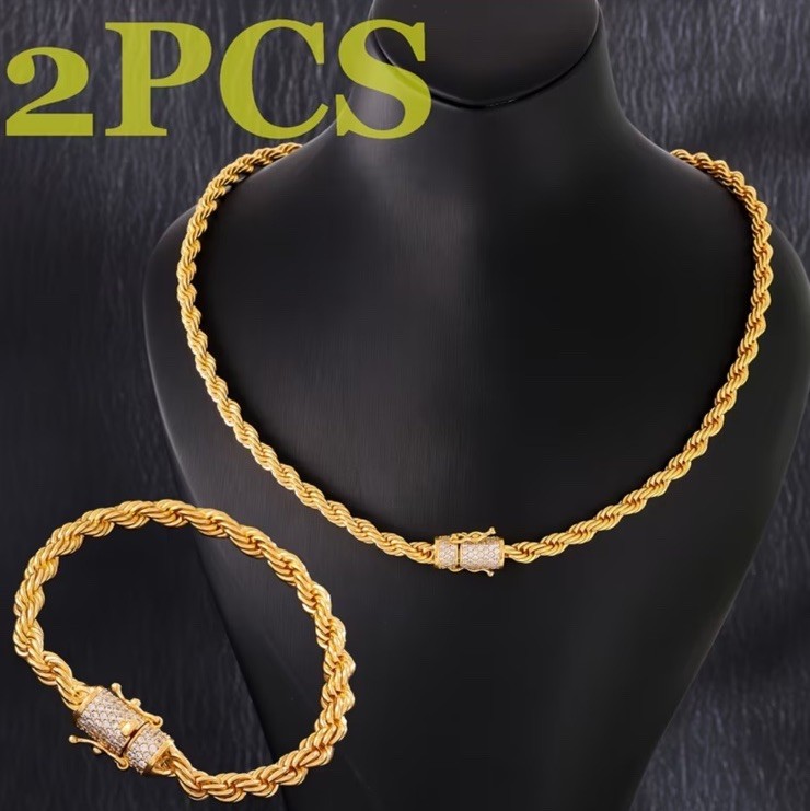 2 Pcs of Men’s Fashion Jewelry, 18K Gold-Plated & Zirconia 6mm 23.62in/7.48 inch