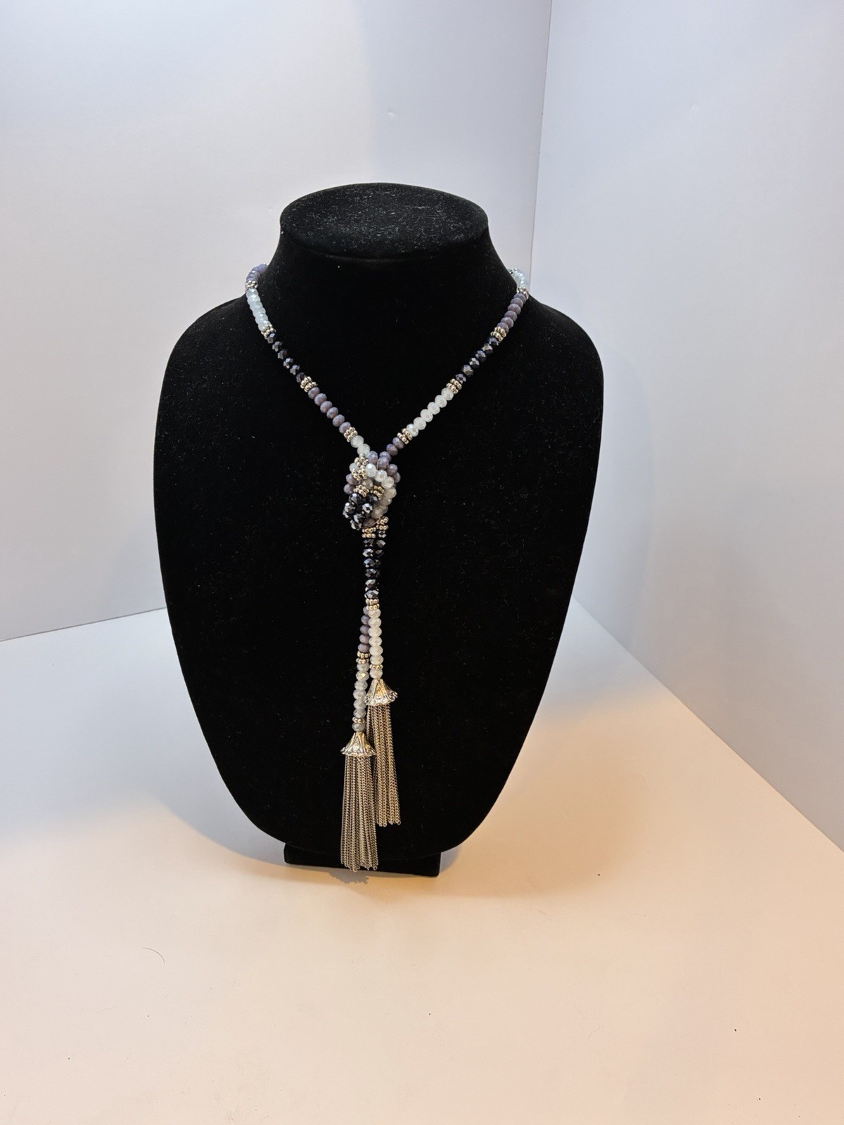 Simply Vera Vera Wang Gray Black Beaded Tassel Lariat Necklace 23″ Drop