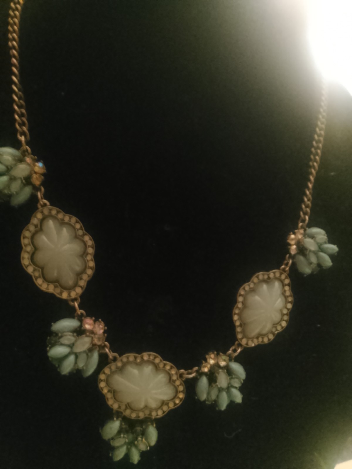 Gold Tone Floral Bib Statement Necklace White Oval Bezel Cabochons Green Dangles