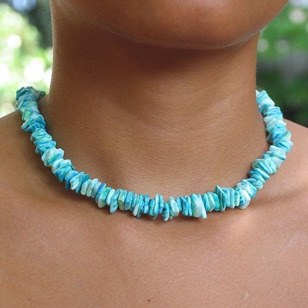 Teal Blue Puka Shell Necklace – Hawaiian Style Clam Chip Surfer Necklace