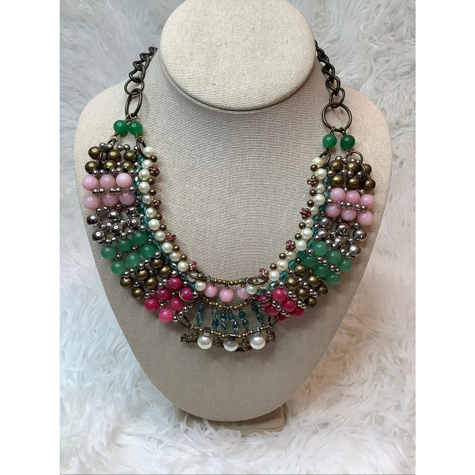 Anthropologie Pam Hiran Pink Green Beaded Bib Statement Necklace Boho A4-3