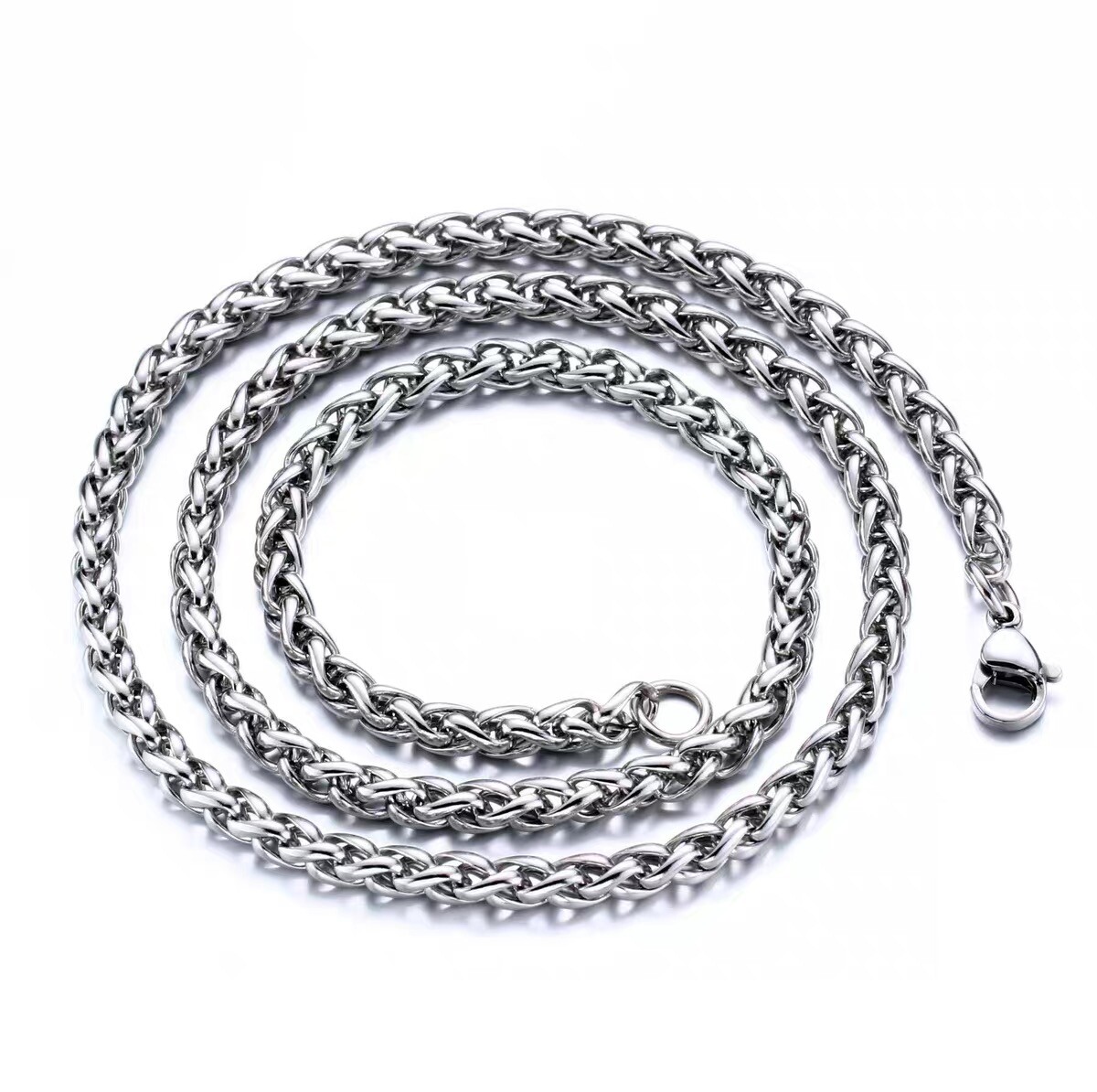 3/4/6/8mm Braided Wheat Round Spiga Chain Silver Stainless Steel Men Necklace