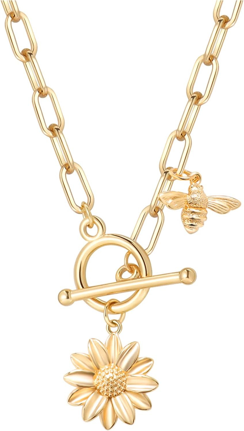 DoreenBeads Gold Paperclip Chain Necklace for Women-18K Gold Plated Daisy Flo…