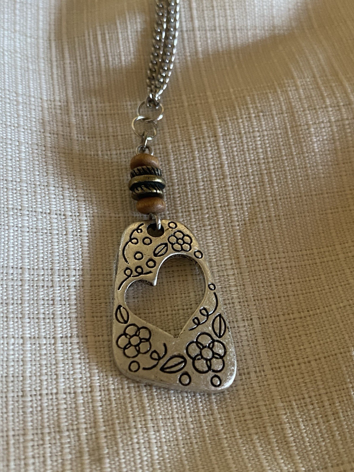 Lia Sophia Heart Pendant Necklace Silver Tone Wood Bead Boho Cottagecore