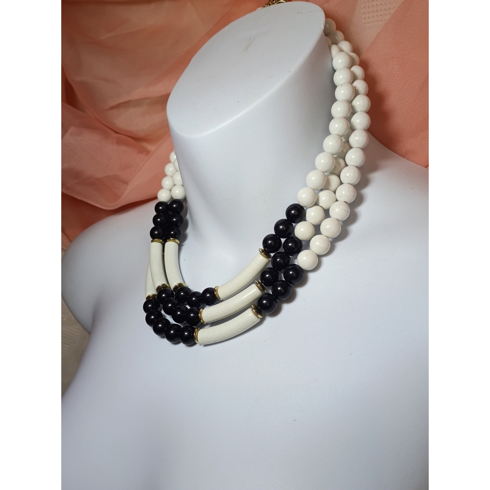 Classic Black & White Beaded Statement Necklace-Pre-Owned