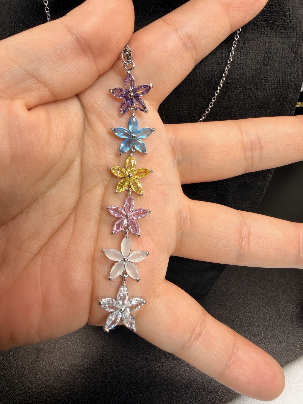 White Gold Plated Multicolor Crystal Flower Charm Pendant Cable Chain Necklace