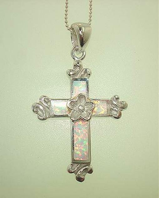 27mm Rhodium 925 Silver White Crystal Lab Opal Hawaiian Plumeria Cross Pendant