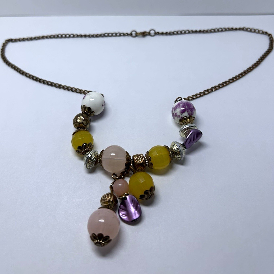 Vintage Multicolor Glass Beaded Cable Chain Necklace Asymmetrical Charm Pendant