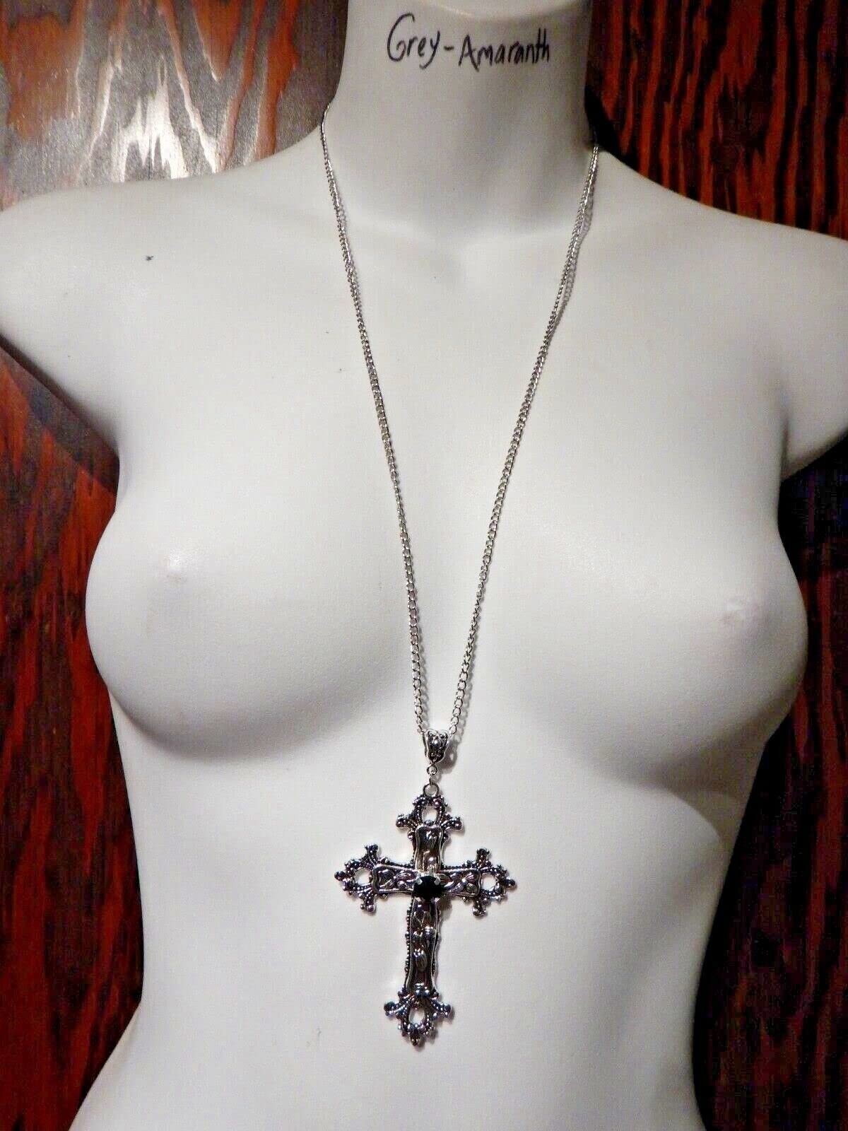 Large Gothic Cross Necklace silver-tone pendant 2.75 inches, Silver & Black