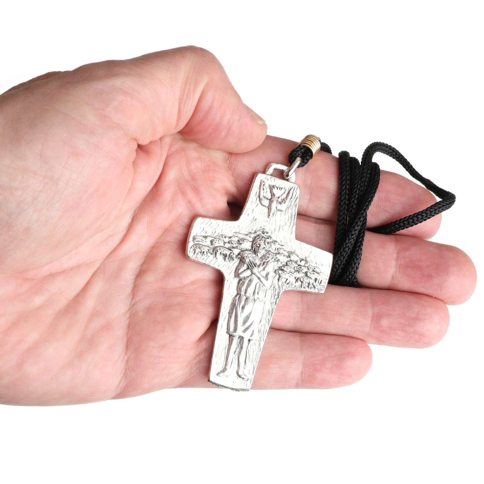 Pope Francis Good Shepherd Cross Necklace – 3″ Silver Tone on 24″ Black Cord