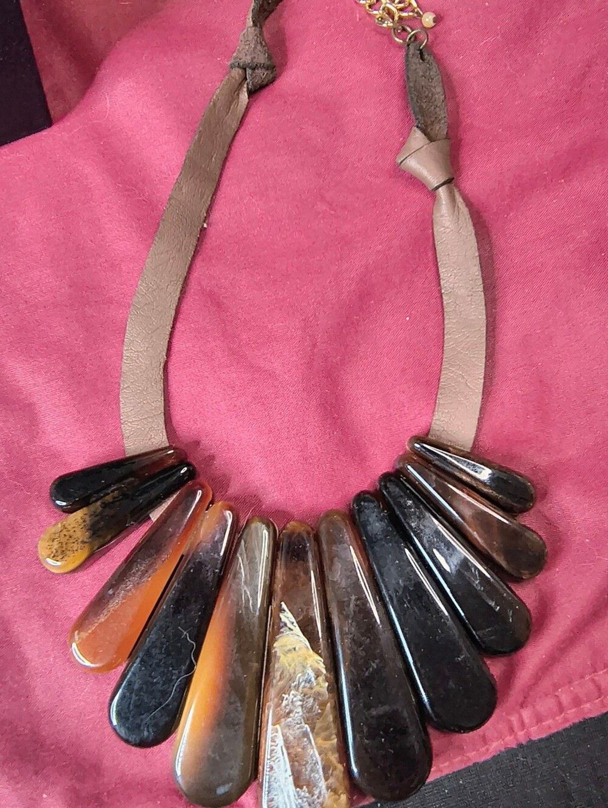 Vintage Genuine Leather Acrylic Statement Necklace Brown Amber Tortoiseshell Bib