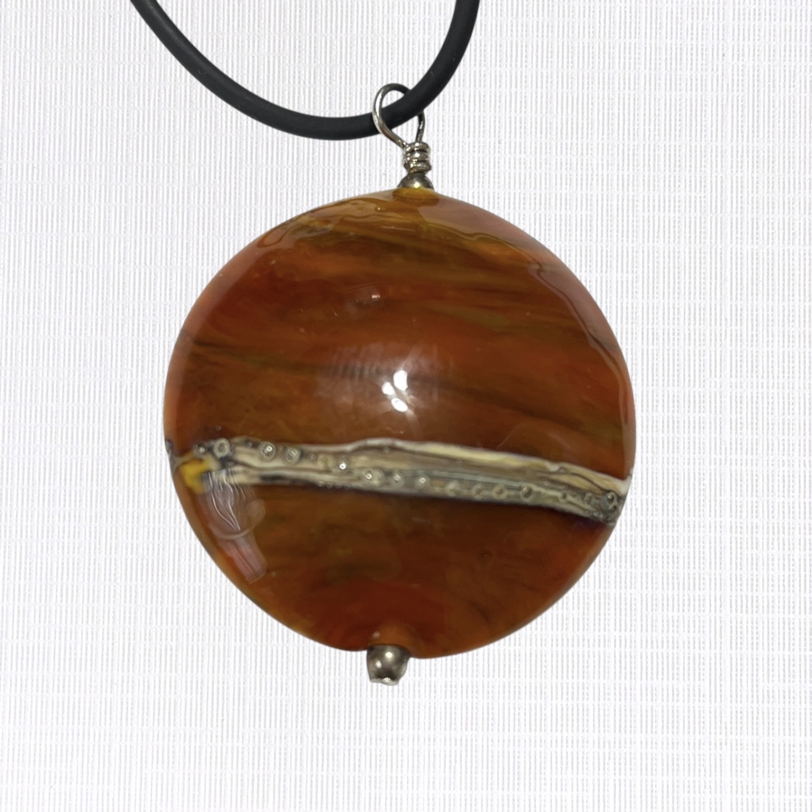 Brown Art Glass Pendant Cord Necklace Imbedded Metal Swirl Boho Artisan Studio