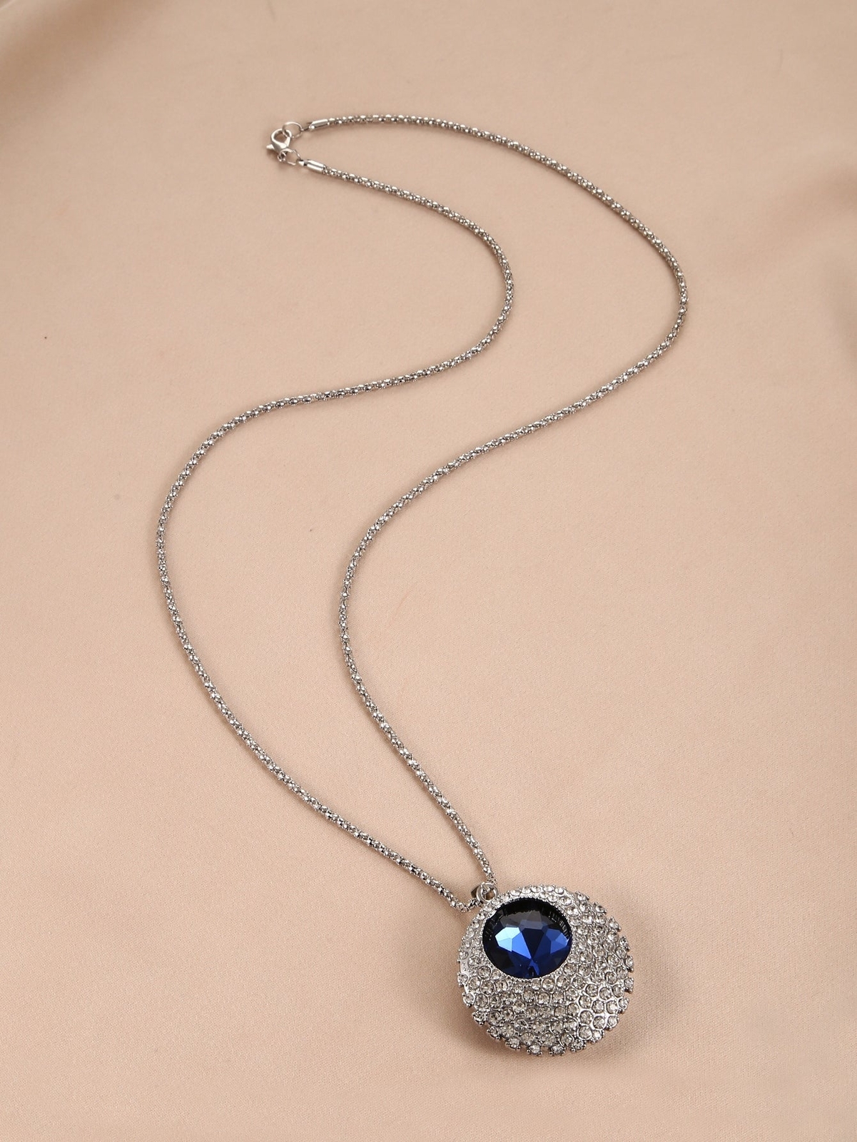 Rhinestone Blue Decor Round Pendant Long Necklace for Women Jewelry for Women
