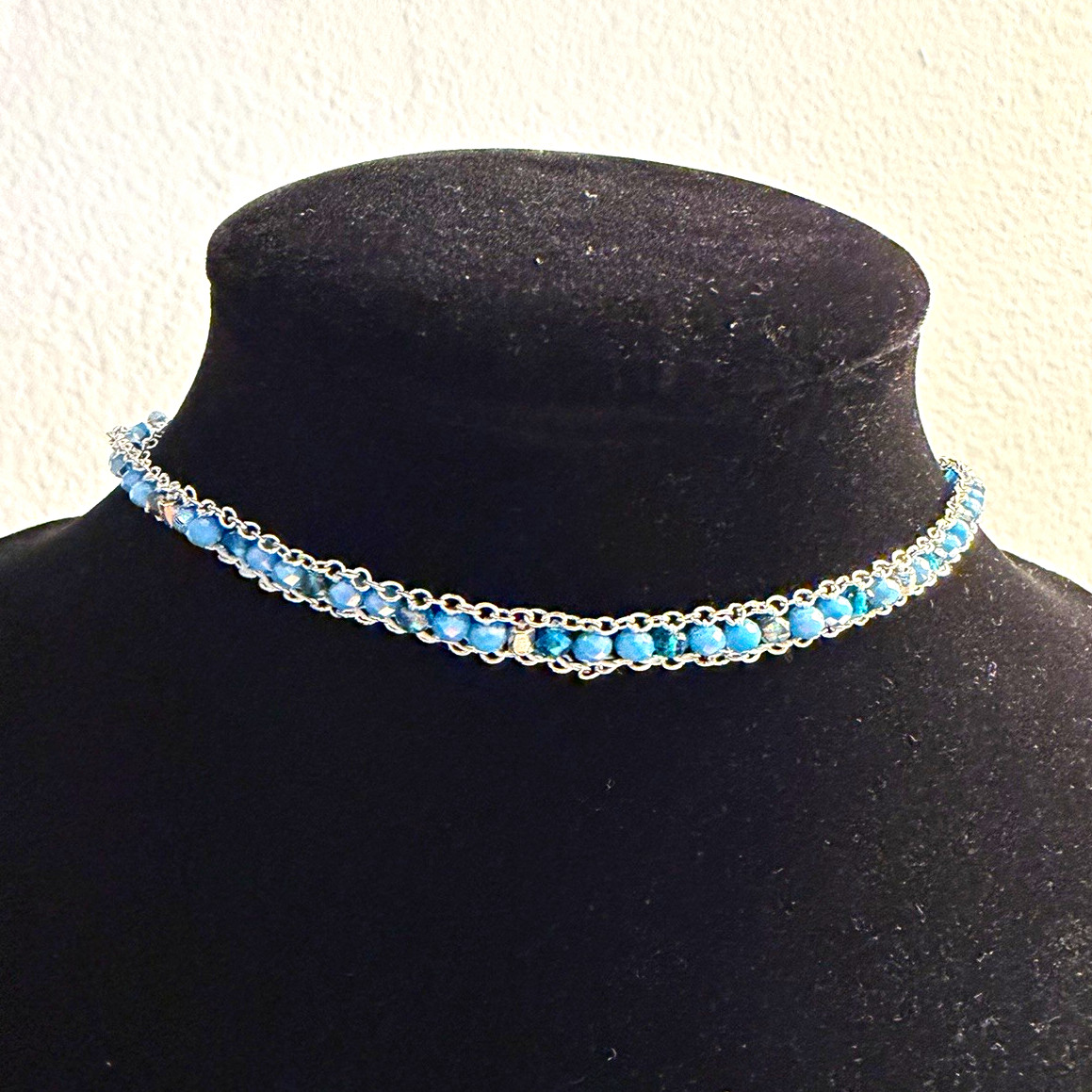 Lucky Brand Blue Round Beaded Choker Necklace Silver Tone Cable Chain Adjustable